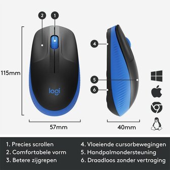 Logitech M190 | Ambidextrous Draadloze Muis | RF-Draadloos | 1000 DPI | Zwart/Blauw