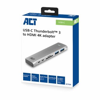 ACT AC7025 USB-C Thunderbolt&trade; 3 naar HDMI multiport adapter 4K, USB hub, cardreader en PD pass through