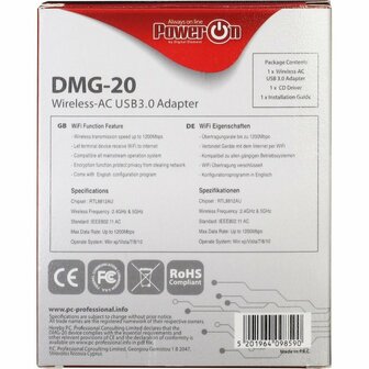 Inter-Tech DMG-20 | Wi-Fi 5 USB Adapter | 867 Mbps | Dual-band (2,4 GHz / 5 GHz) | USB 3.0 | Zwart