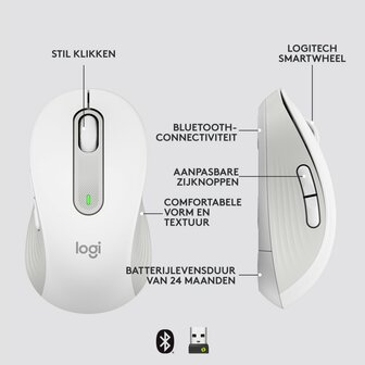 Logitech Signature M650 | Draadloze Muis | Rechtshandig | RF + Bluetooth | 2000 DPI | Wit