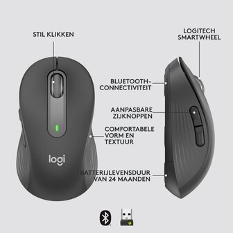 Logitech Signature M650 | Draadloze Muis | RF-Draadloos + Bluetooth | 1000 DPI | Grafiet