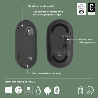 Logitech Pebble 2 M350s | Ambidextrous Draadloze Muis | RF-Draadloos + Bluetooth | 4000 DPI | Grafiet