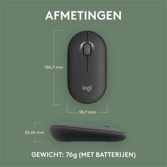 Logitech Pebble 2 M350s | Ambidextrous Draadloze Muis | RF-Draadloos + Bluetooth | 4000 DPI | Grafiet