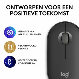 Logitech Pebble 2 M350s | Ambidextrous Draadloze Muis | RF-Draadloos + Bluetooth | 4000 DPI | Grafiet