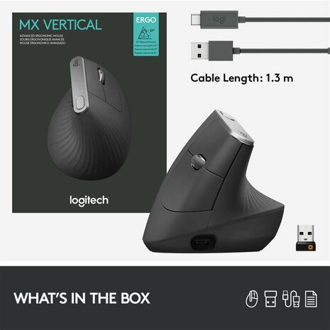 Logitech MX Vertical | Ergonomische Draadloze Muis | Rechtshandig | RF + Bluetooth | 4000 DPI | Zwart/Zilver