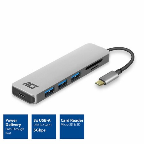 ACT AC7050 3-Poorts USB-C 3.2 Gen1 (USB 3.0) Hub met kaartlezer en PD Pass-Through poort