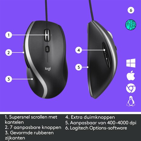 Logitech M500s Advanced | Bedrade Muis | Rechtshandig | USB-A | 4000 DPI | Zwart/Zilver