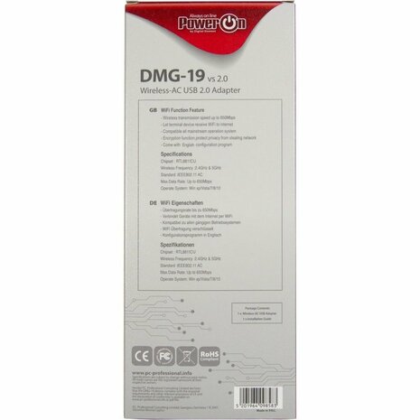 Inter-Tech DMG-19 v2.0 | Wi-Fi 5 USB Adapter | 650 Mbit/s | Dual-band (2,4 GHz / 5 GHz) | USB 2.0 | Zwart