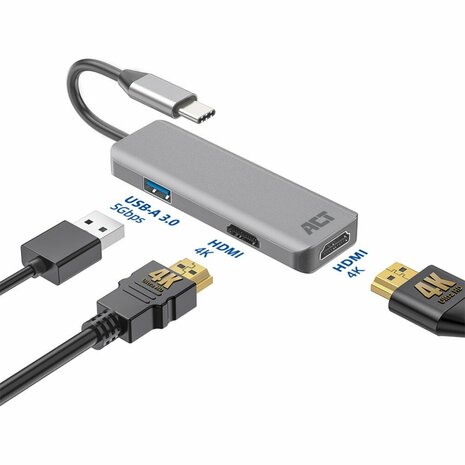 ACT AC7013 laptop dock & poortreplicator Bedraad USB 3.2 Gen 1 (3.1 Gen 1) Type-C Zwart, Grijs