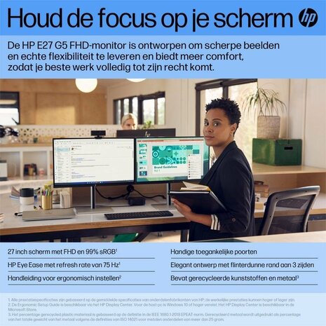 HP E27 G5 27" | 1920x1080 Full HD IPS | 75Hz | 5ms | 99% sRGB | USB-Hub | Ergonomische Monitor | 2e Kans