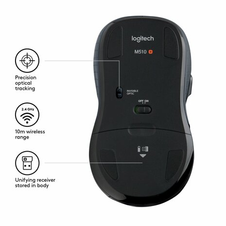 Logitech M510 | Ambidextrous Draadloze Muis | RF-Draadloos | 1000 DPI | Zwart | Returned
