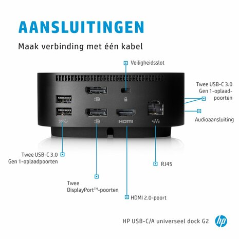 HP 26D32AA G5 | USB-C Docking Station | Dual 4K Display | 100W Power Delivery | Zwart
